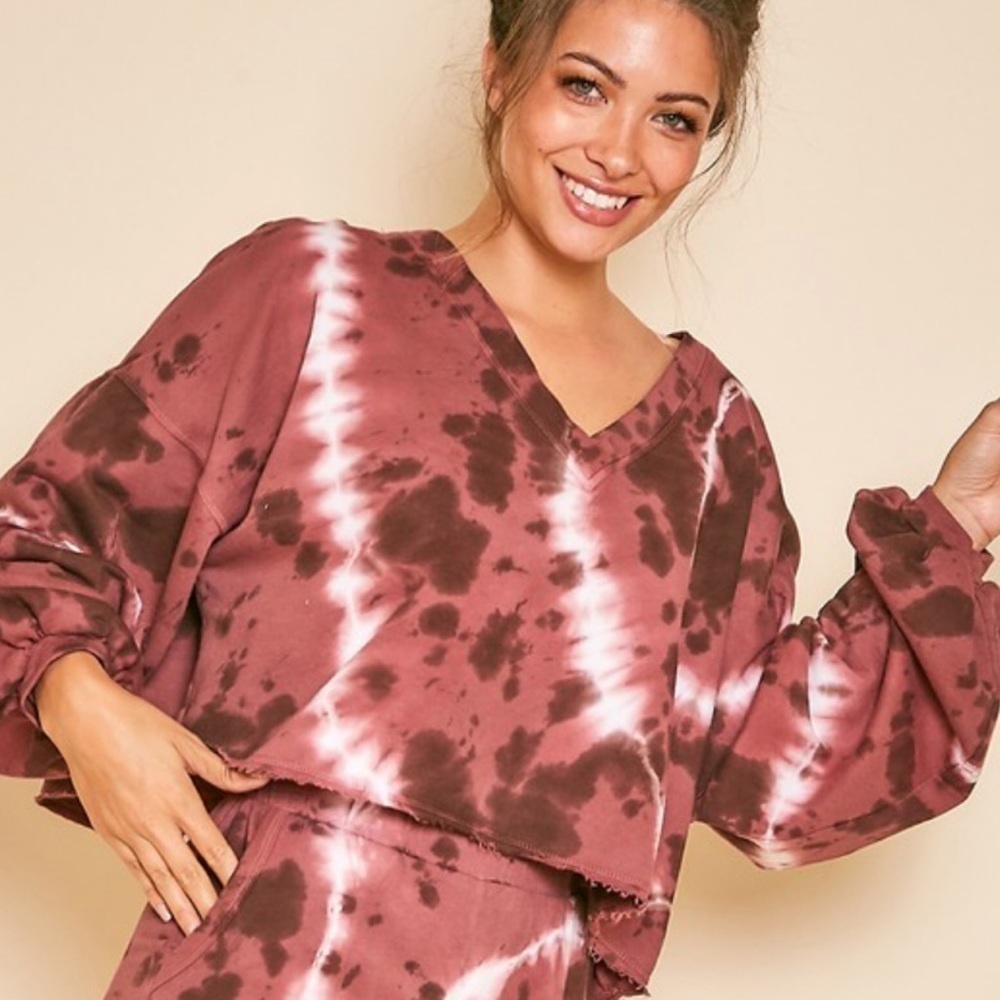 Marsala Tie Dye Boxy Cropped V-Neck Knit Top